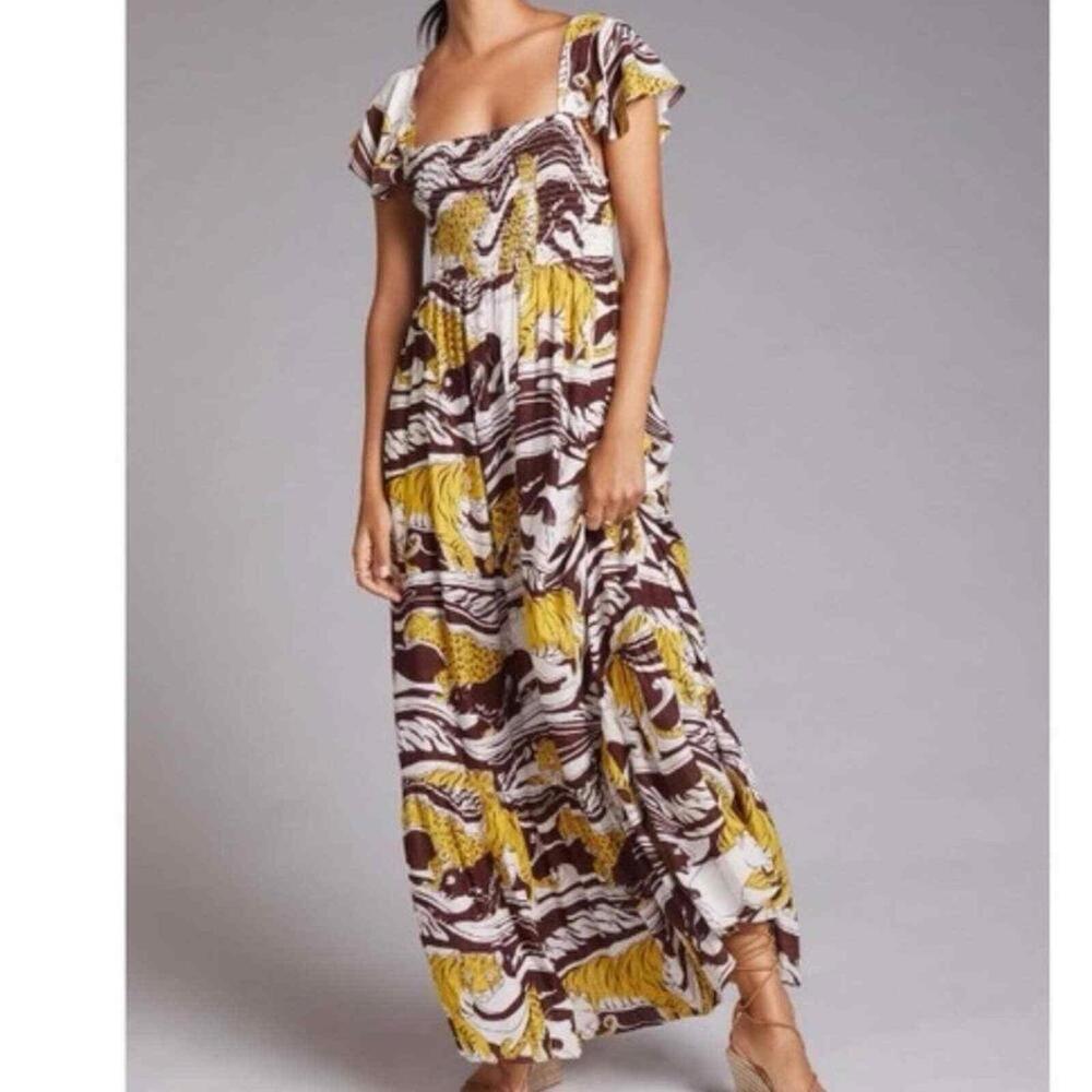 Women’s anthropologie ruffled maxi dress Beach Cover-up animal print XSP tiger